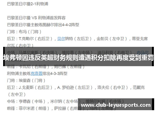 埃弗顿因违反英超财务规则遭遇积分扣除再度受到重罚 埃弗顿因违反英超财务规则遭遇积分扣除再度受到重罚